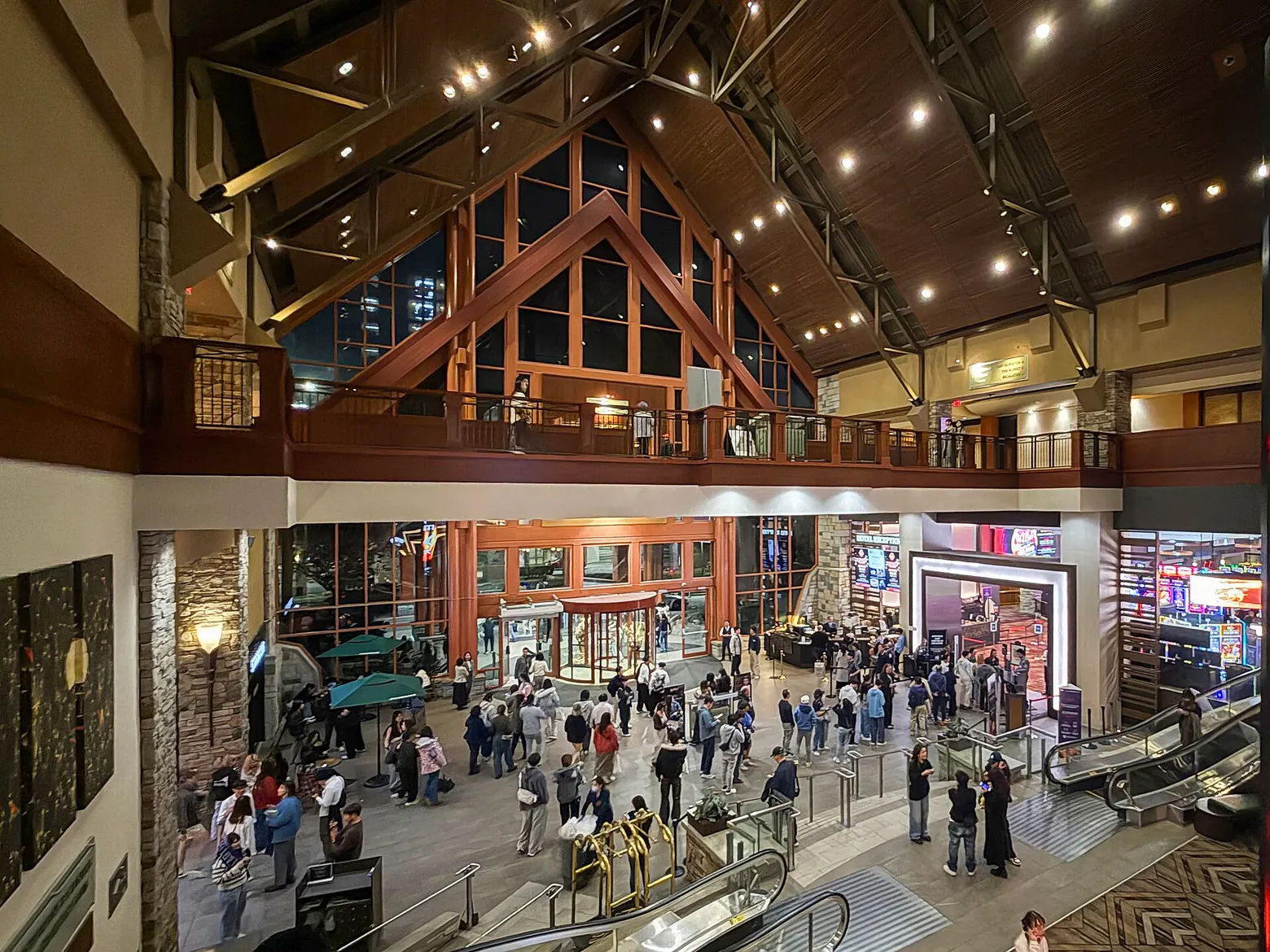 The timber-roofed lobby of River Rock Casino Resort
